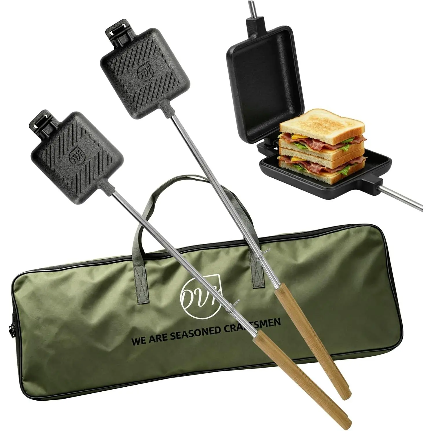 2 count Cast Iron Sandwich Maker for Campfire, Pre-seasoned Pie Iron with Detachable Long  Handle and Storage Bag, Portable Toasted Sandwich Cooker for Outdoor Camping and Fire Pit Cooking