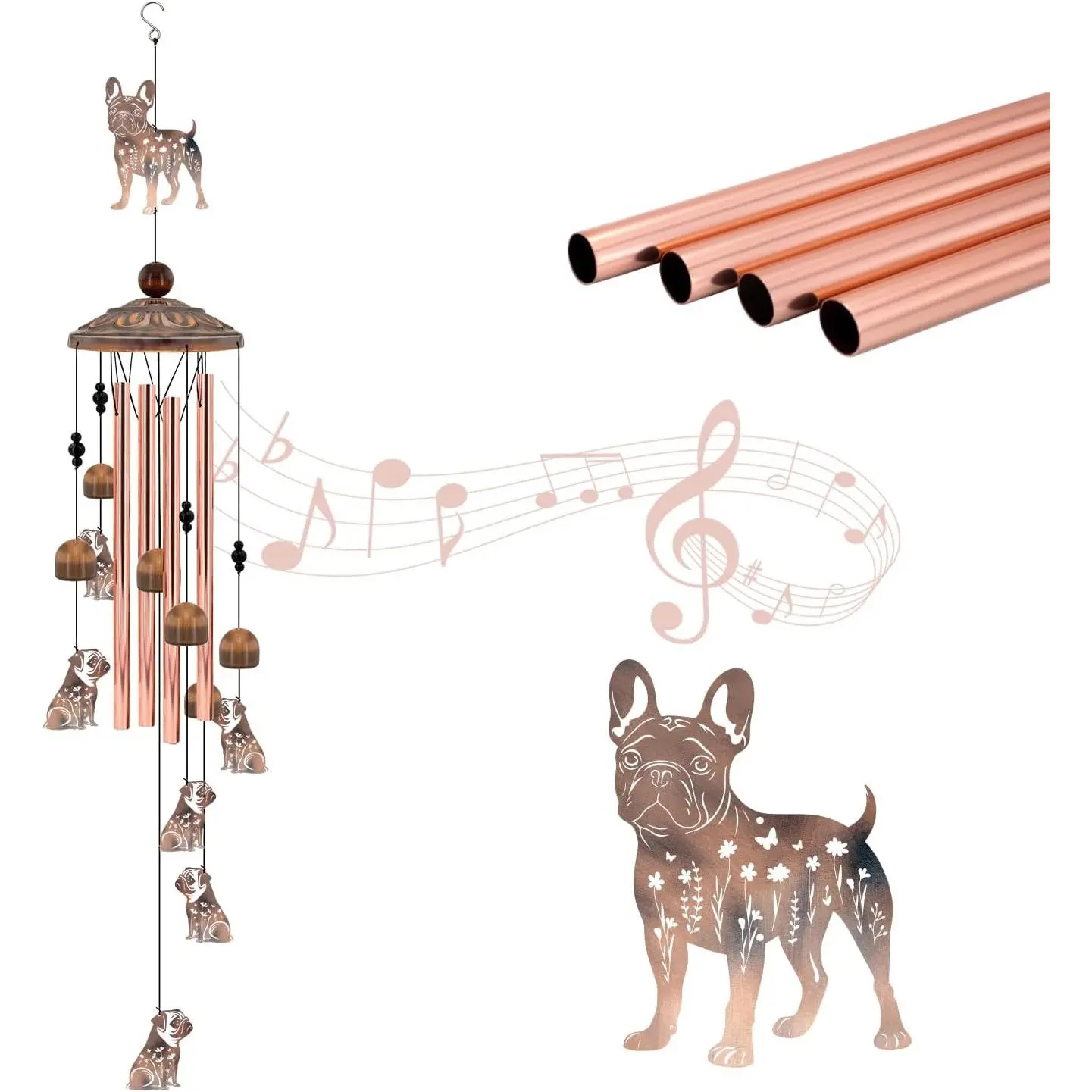 35"  Bulldog Wind Chime, Frenchie  for  Lovers, Outdoor Decor |  Bulldog Wind Chime for Outside,  Memorial  for  Lovers, Frenchie Decor for Patio Garden