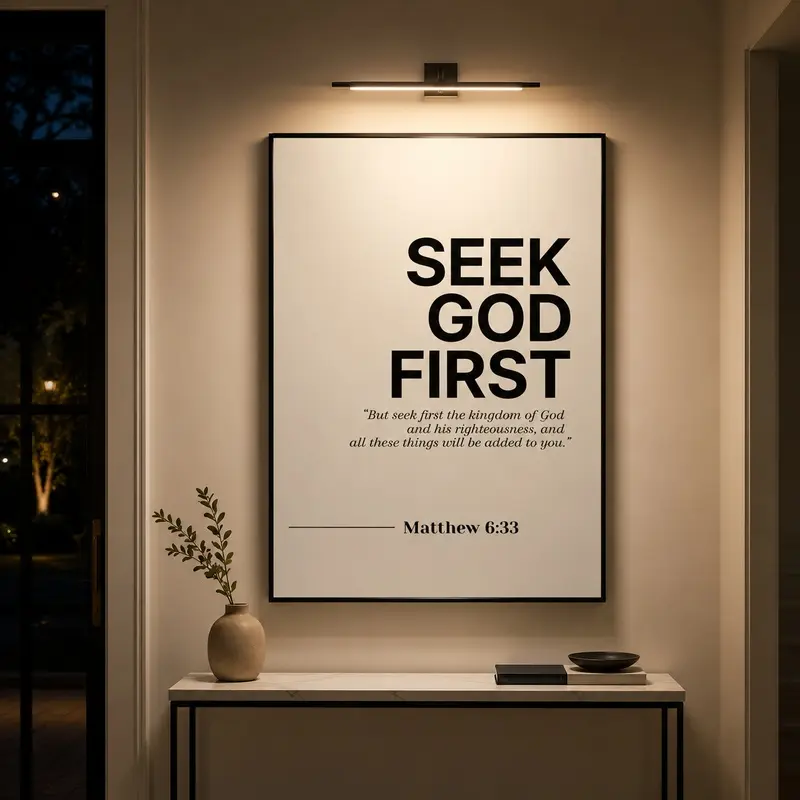 Framed Matthew 6:33 "Seek God First" Inspirational Bible Verse Art Print, Waterproof Christian Wall Decor, Box-Included Home Decor for Kitchen & Bedroom, Faith-Based Poster, Religious Gift, Modern Prayer Room Art