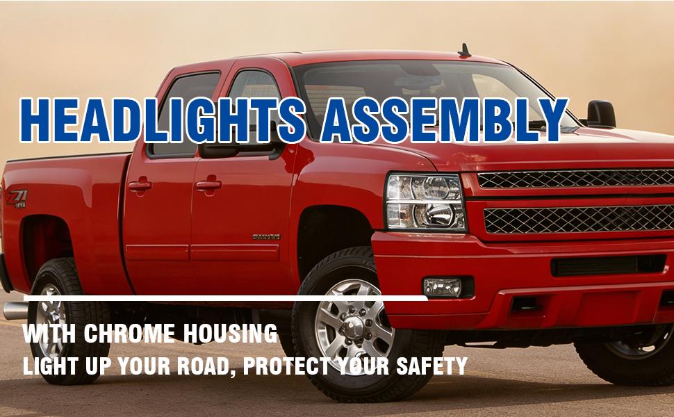 Headlights Assembly with High/Low Beam Bulbs for 2007-2013 Chevy Silverado 1500/ 2007-2014 Silverado 2500 HD 3500 HD, OE Style Replacment Headlamps Pair, Chrome Housing/ Clear Lens/ Clear Reflector