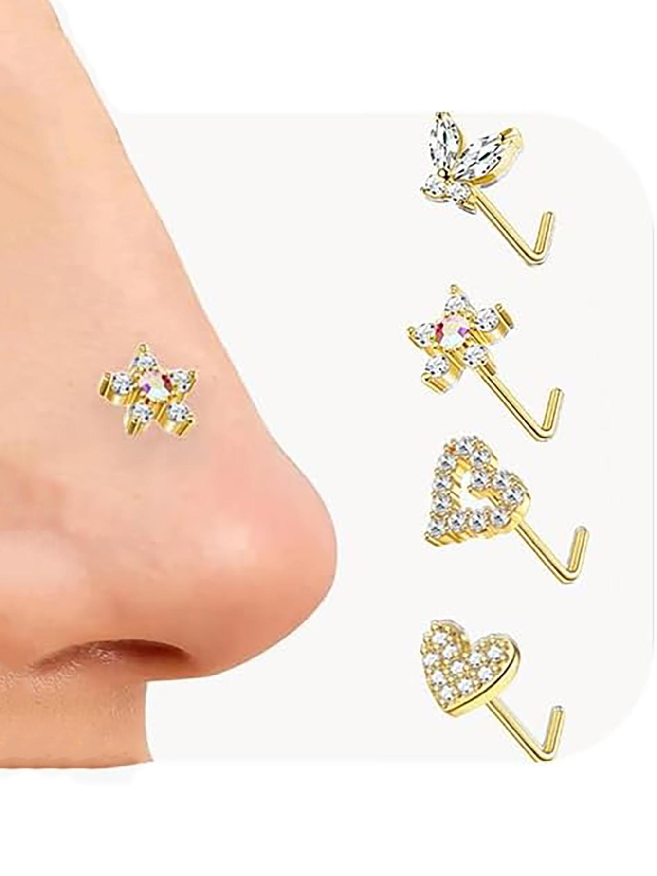 Fashionable Nose Rings, L Shaped Nose Studs, Dangle Nose Studs, Stainless Steel Nose Rings, Nose Cuff, Body Piercing Jewelry for Women & Men, Double Nose Pierced Jewelry