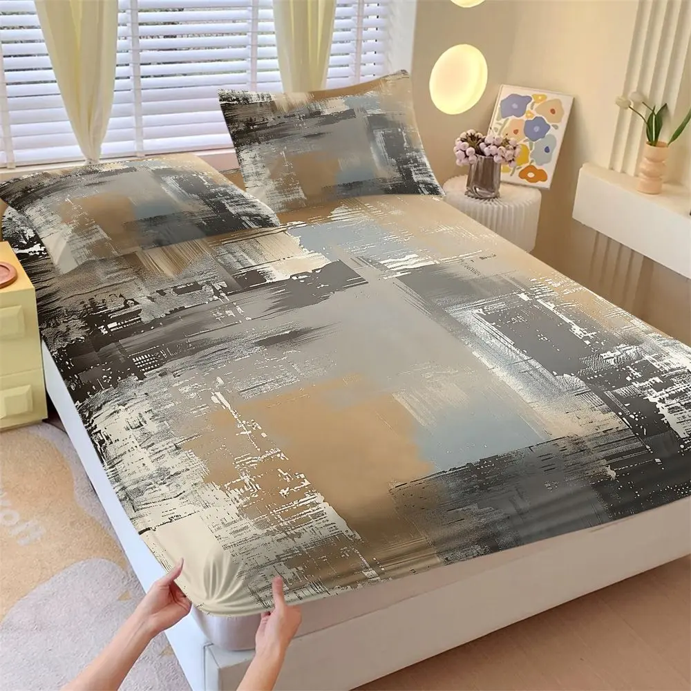 3Pcs Modern Abstract Bedding Set, Luxury Neutral Brown & Grey Fitted Sheet Set, Soft Microfiber Bed Sheets Set for Bedroom Decor, All-Season Bedding Collection No Fillers
