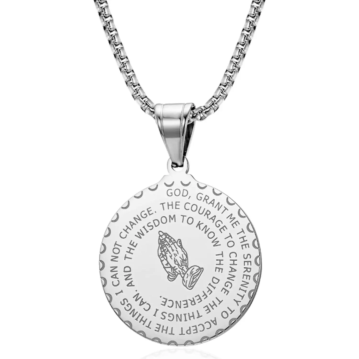 Serenity Prayer Necklace Praying Hands  Pendant for Men Women | Stainless steel Lord's Prayer  verse necklace with praying hands  medal pendant religious  for men women.