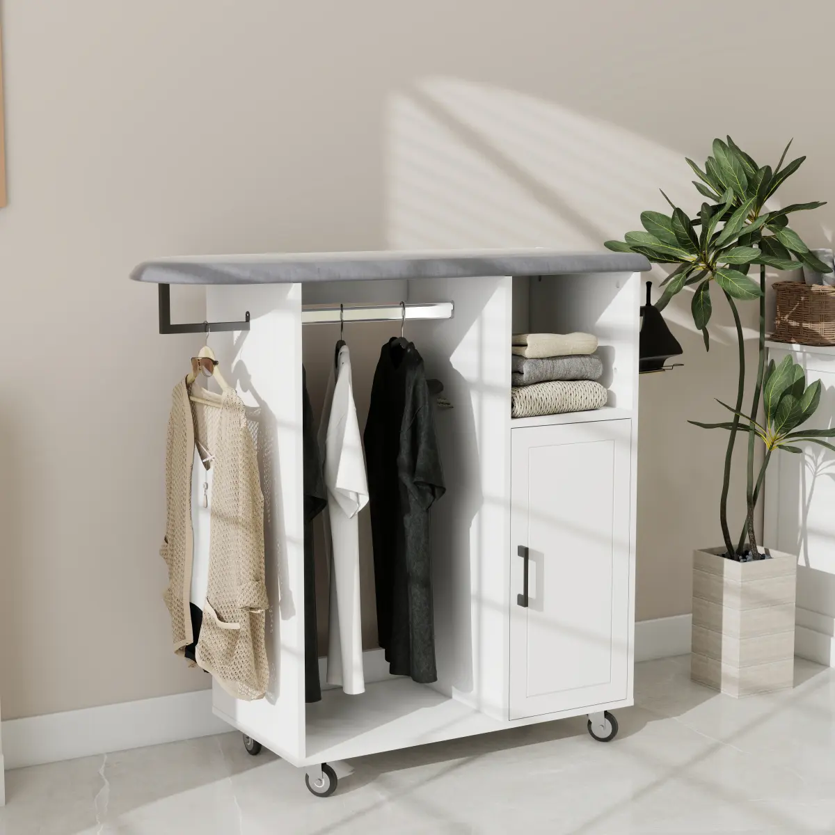 AobtkelIroning Cart with Rolling Ironing Board, Multipurpose Ironing Cabinet with Wheels, Compact Ironing Solution for Laundry Room, Bedroom,Cloakroom-White
