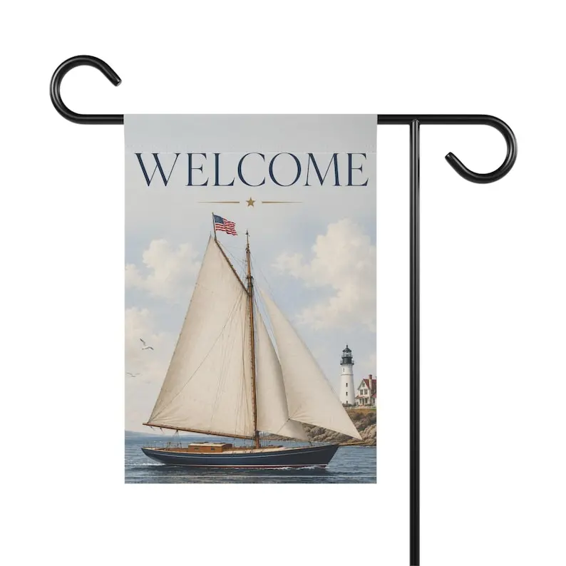 Coastal Americana Sailboat Garden Flag Welcome Nautical Beach House Porch Decor Lighthouse Ocean Flag Coastal Cottage Outdoor Flag