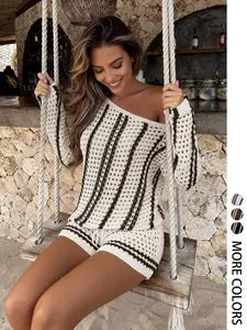 Elegant Women's Spring Summer Fashion Casual Asymmetrical Striped Off-Shoulder Long Sleeve Hollow Out Sweater Set, Drawstring Shorts