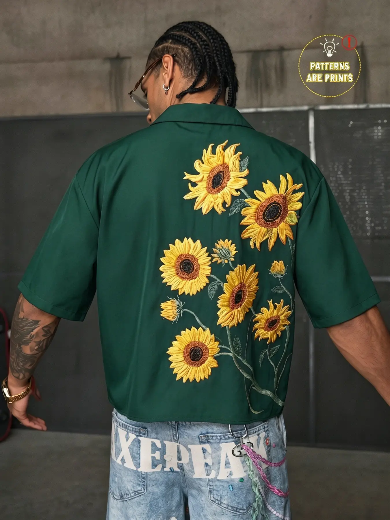 Men's Sunflower Print Cuban Collar Short Sleeve Shirt | Loose Vintage American Casual Button Up Top | Summer Streetwear Floral Graphic Shirt for Men