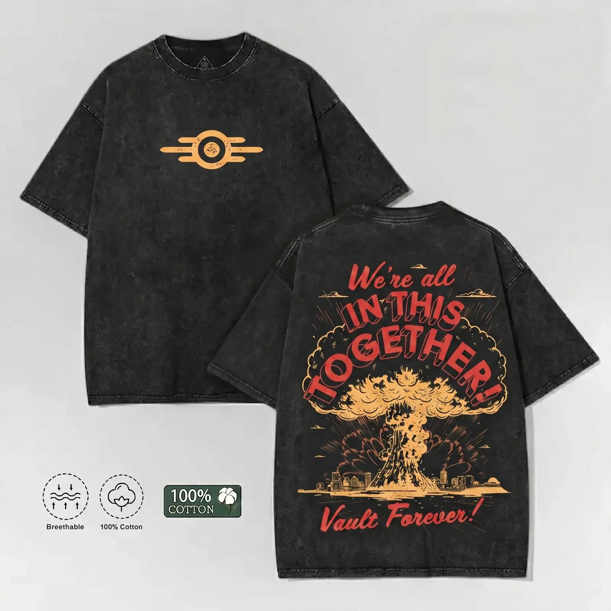 Fallout Vault Vintage Wash T-Shirt| Wasteland Aesthetic Graphic Tee| Heavyweight 100% Cotton Summer Streetwear 2026 outdoorfun short-sleeved men Casual Tshirt top vintage menswear fashionable t-shirt gift