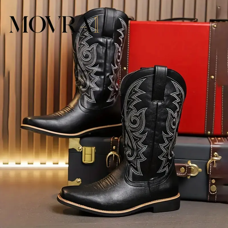 MOVRA1 Men's Retro Western Outdoor Cowboy Boot Embroidery Long Top Cowboy Boots