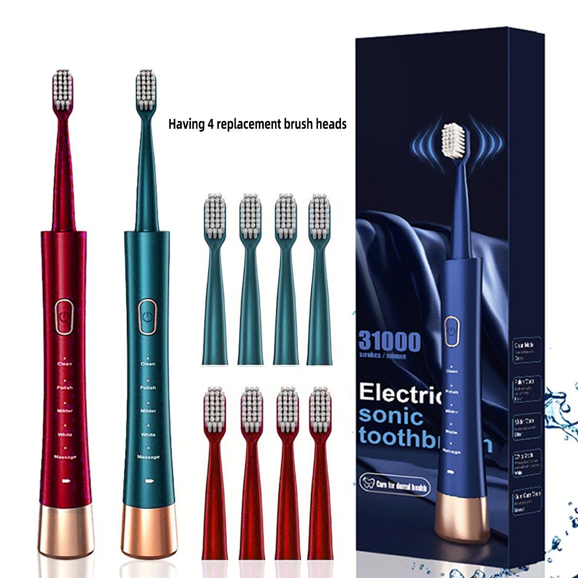 USB Rechargeable Electric Toothbrush, 1 Set 5 Modes Electric Toothbrush & 4 Counts Replacement Brush Heads, Oral Care Tool for Women and Men, Valentine's Day Gift
