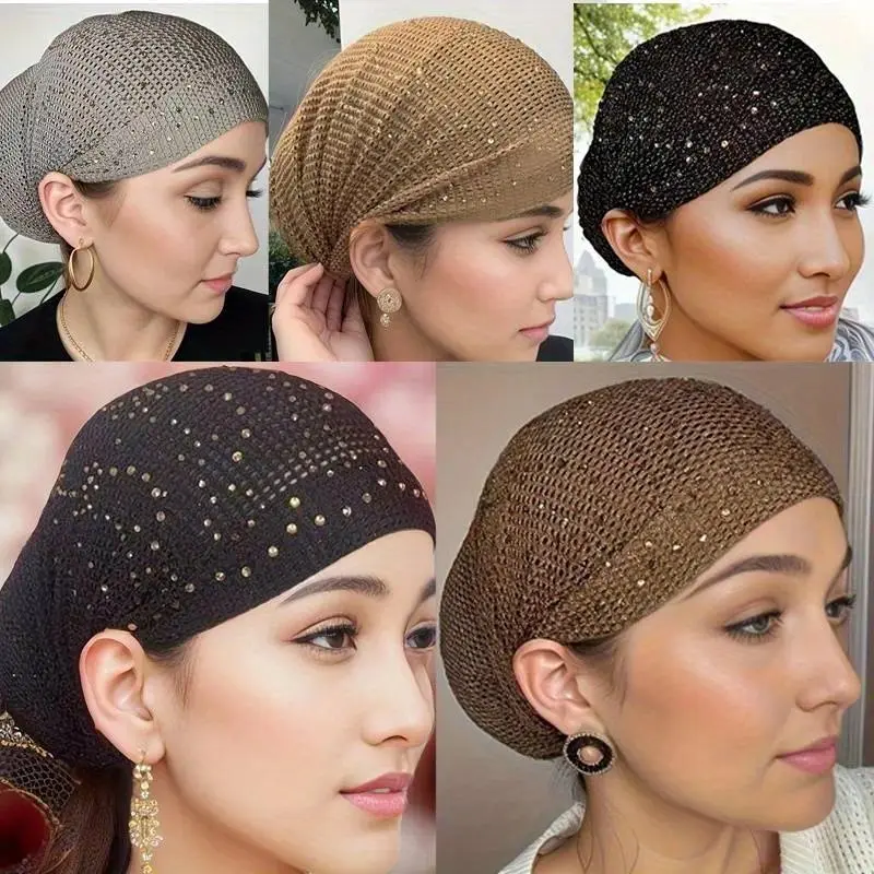 1/3Pcs Women's Hair Bonnet - Stretchable, Soft, Breathable, Lightweight Cap with Rhinestone Decoration, Elegant Solid Color Hollowed-out Polyester Women's Hairband