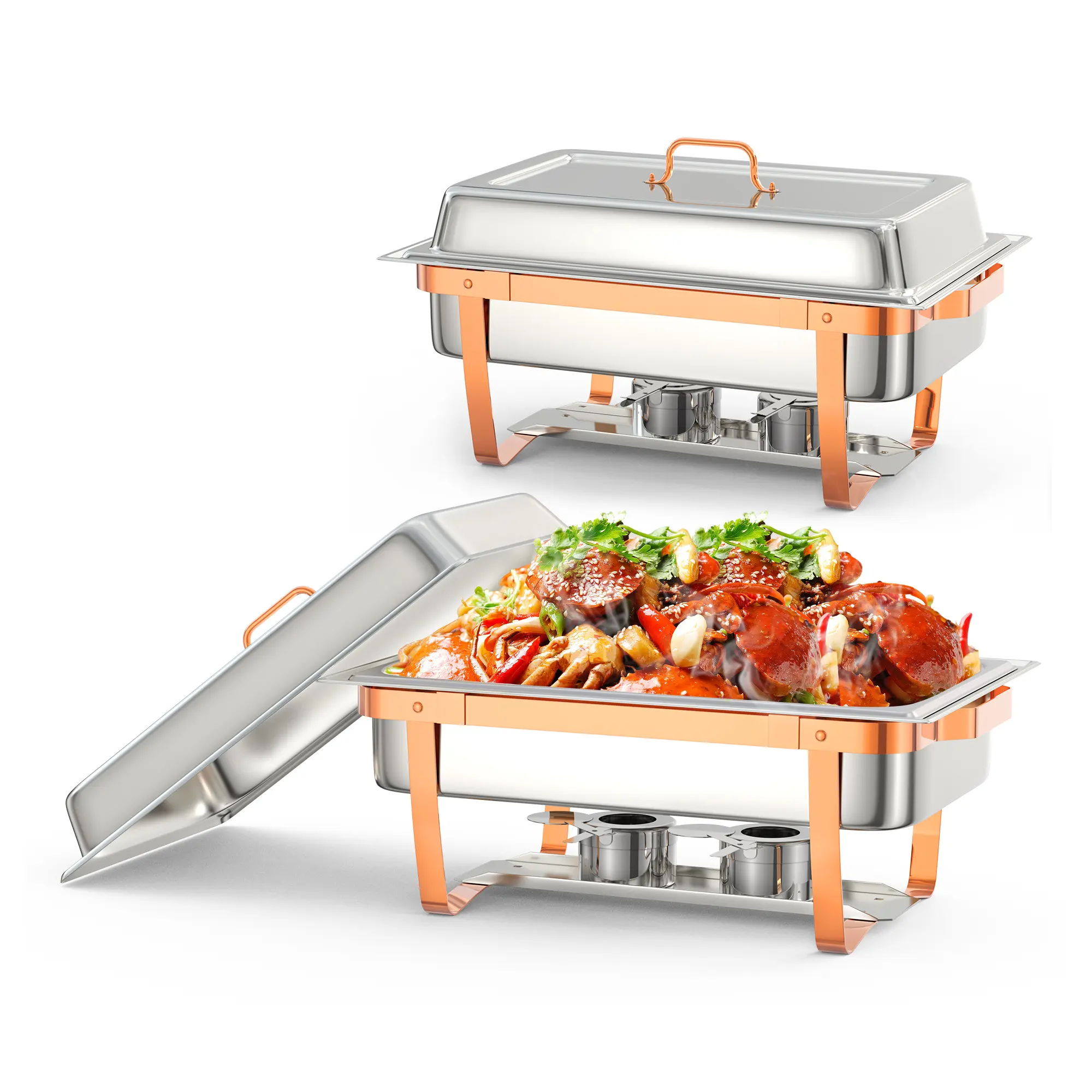 Professional 8 Quart Stainless Steel Chafing Dish Set – 2-Pack Rectangular Buffet Warmers with Lid Holders – Rose Gold Finish Chafer Servers for Catering, Parties, Weddings, Banquets