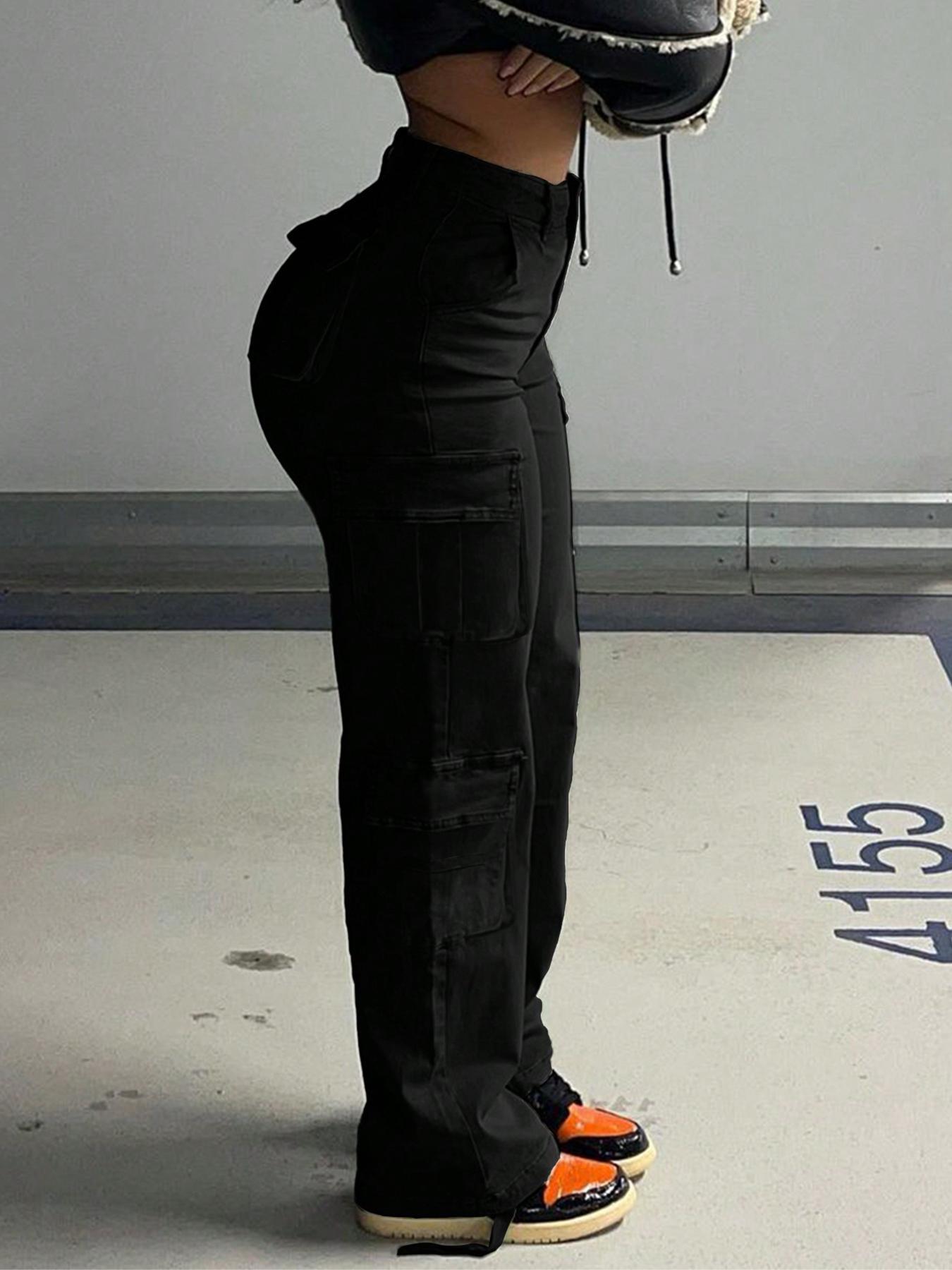 Women's Plain High-Waisted Cargo Pants with Pockets and Drawstring, Fashion Y2K K-Pop Style Streetwear Trousers for Daily Wear, Ladies' Baggy Pants for Fall & Winter