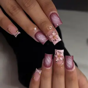 24pcs Medium-Length Square Nails, Nude Jelly Base, Gradient, 3D Floral Design, Dots, Gold Beads, Party Nail Art