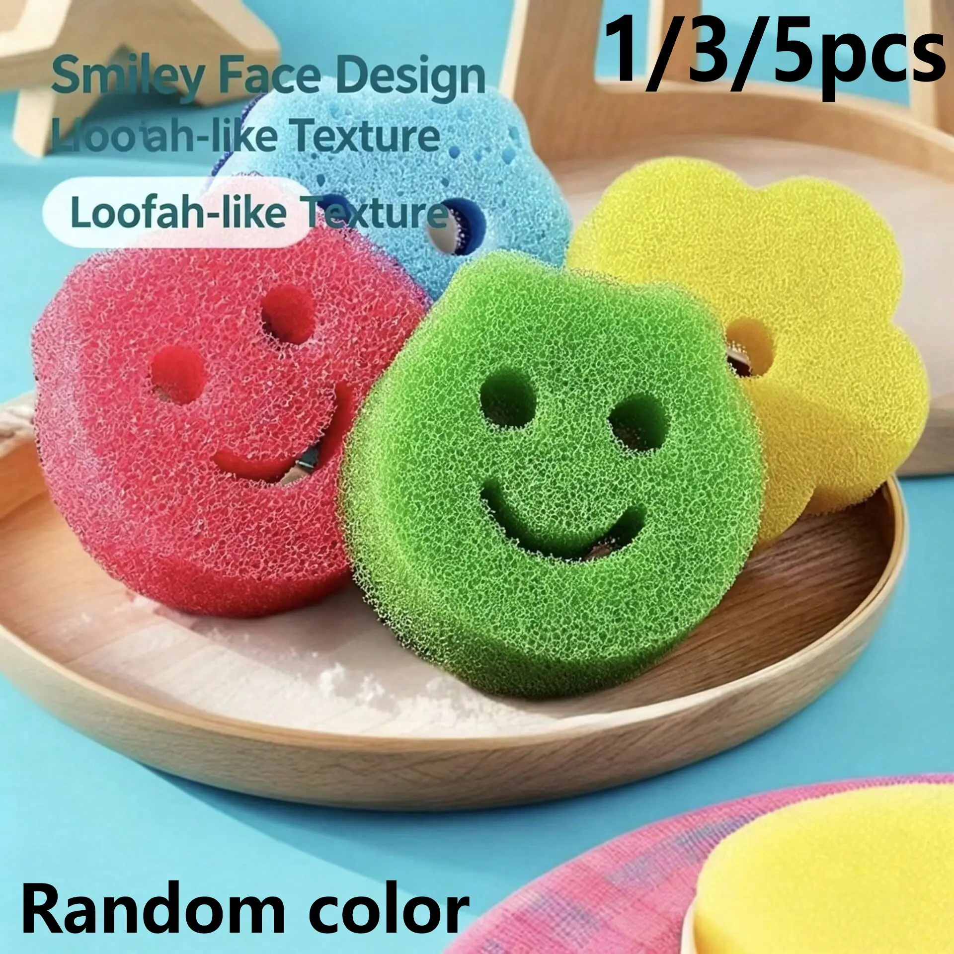 Multi-Color Smile Sponge Set, Blue, Hanging Hole, Versatile Household Cleaning Cloth, 1/3/5 Pieces, Daily Use
