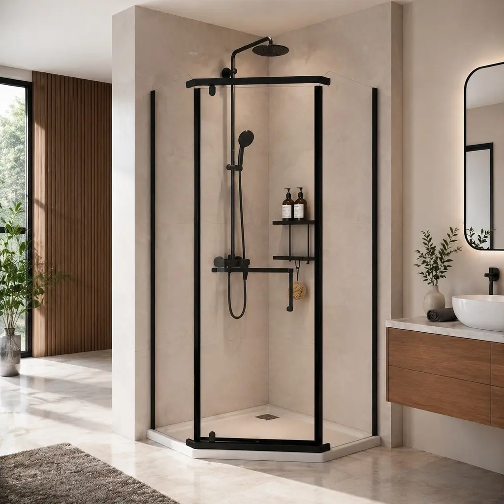 36 x 36 x 72 Inch Frameless Neo-Angle Pivot Shower Door, 1/4" (6mm) Tempered Glass, Matte Black, No Base Included