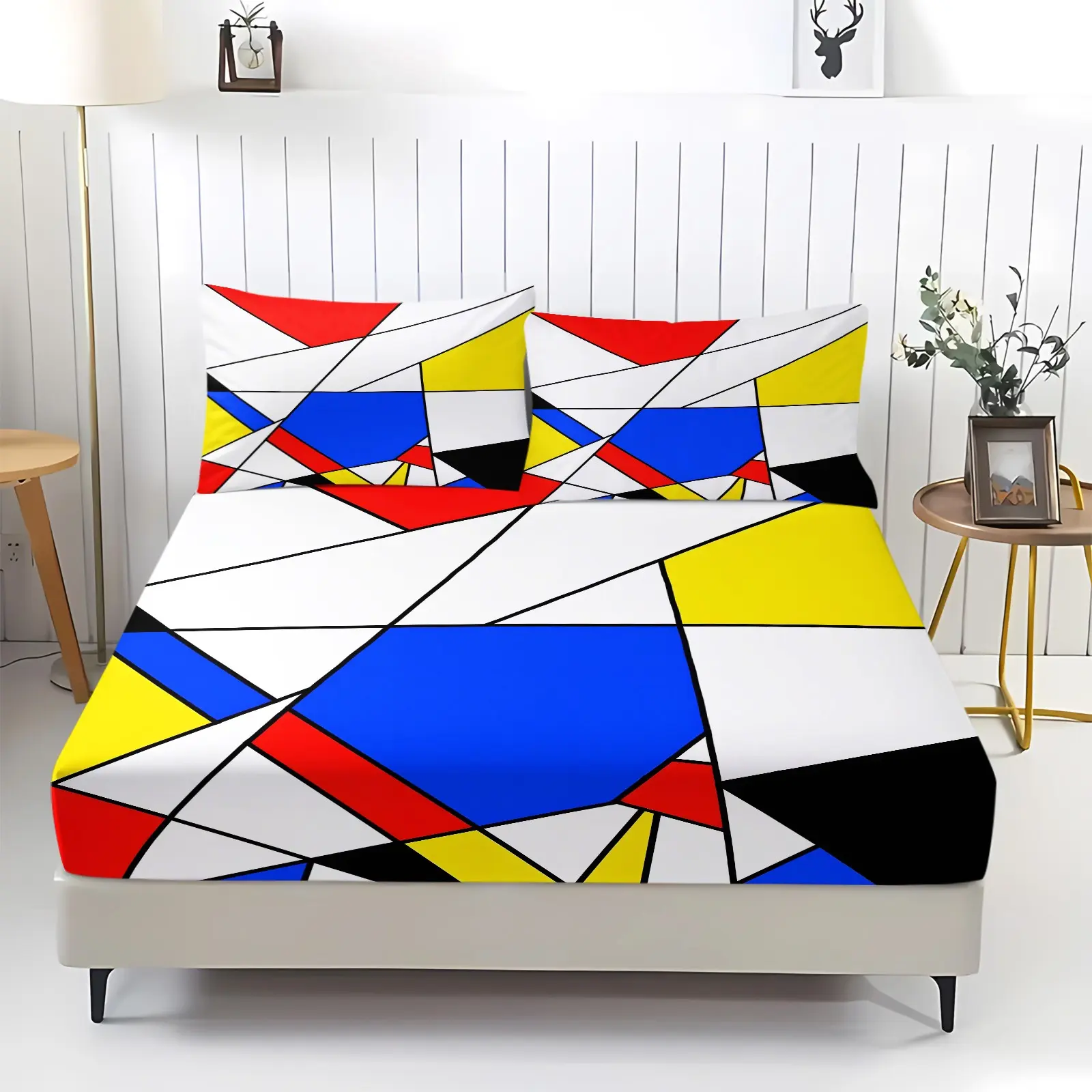 Primary Color Geometric Abstract Fitted Sheet Set, Bed sheet set, Mondrian Style Red Blue Yellow Block Digital Print Bedding, Soft Deep Elastic Pocket, Machine Washable, Includes 2 Pillowcases - without Core, Modern Art Bedroom Decor
