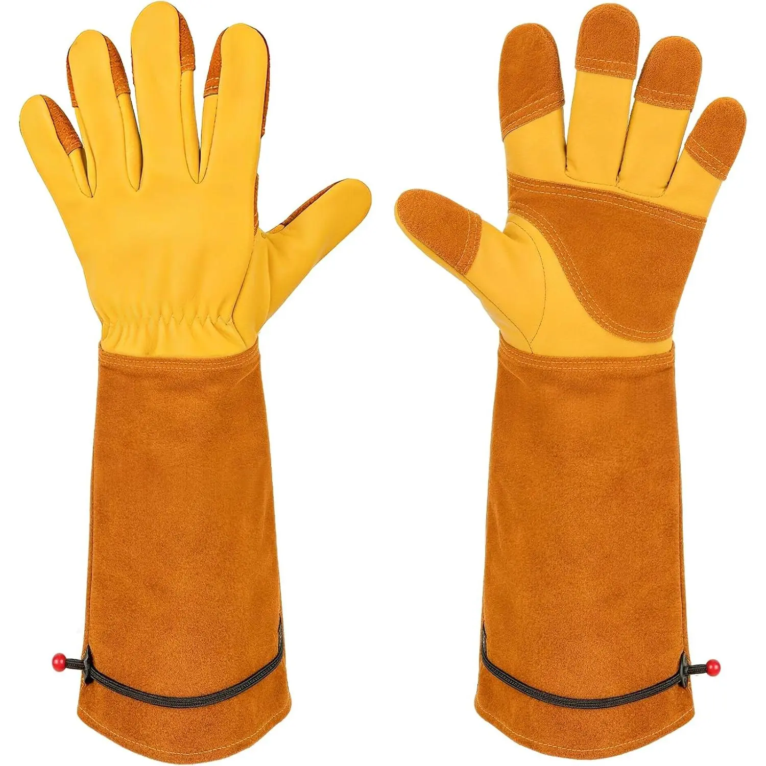 Long Gardening Gloves for Men, Reinforced Fingertips Cowhide Leather, Elbow-Length Gauntlet Cuff, Breathable & Durable for Yard Work Fit for Large Hands (Gold Yellow, XL)