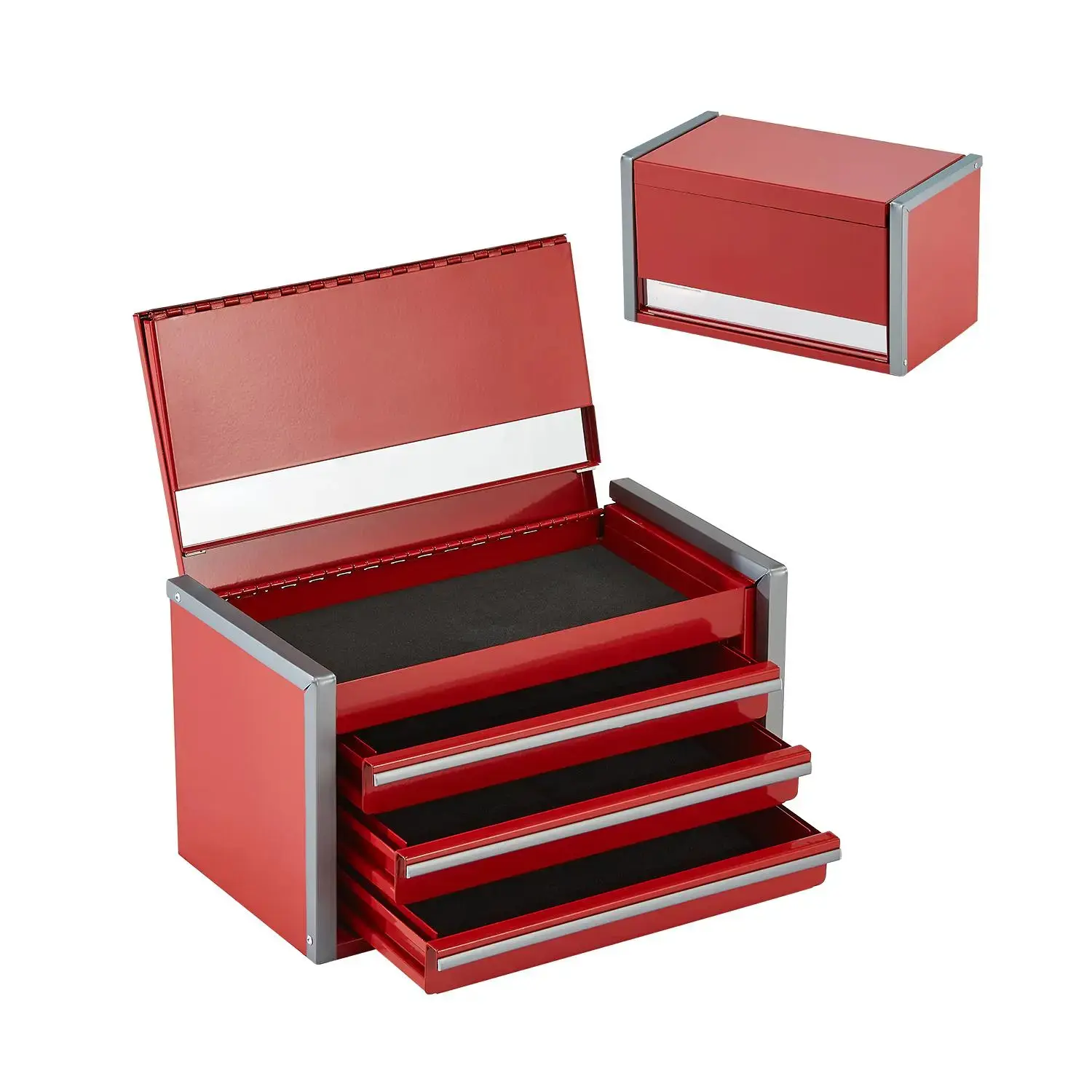 Metal Tool Box 8.6-inchPortable Metal Tool Box with 3 DrawersSmall Tool Chest with EVA Liners and PP Feet PadsHeavy-Duty Steel With Ball Bearing Opening and Powder Coated FinishRed