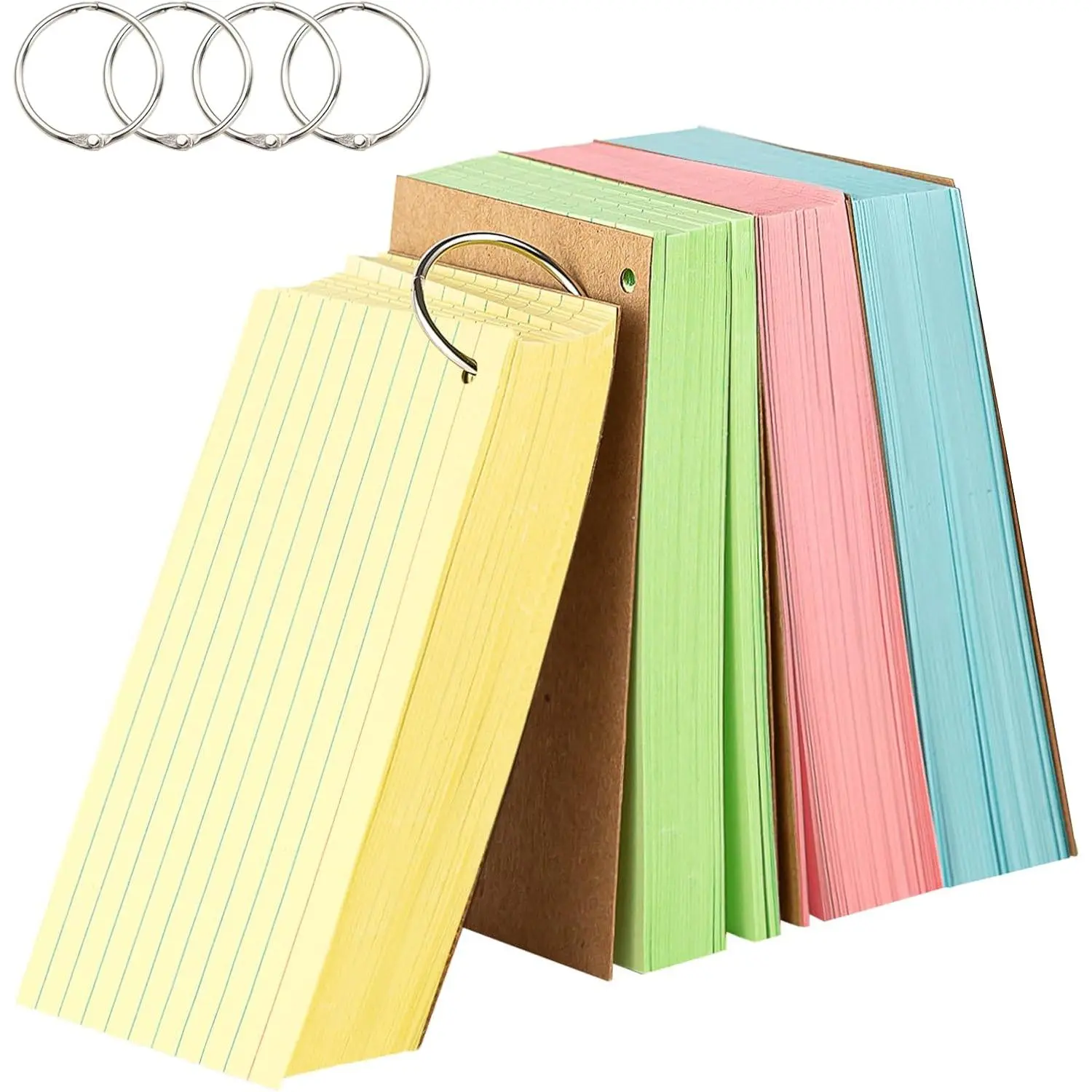 Colored 3x5 Index Cards with Rings,  Ruled Flashcards 200 count, 4 Color Notecards for Studying, Vocabulary Cards, Recipes, Memos, Bookmark, Greetings