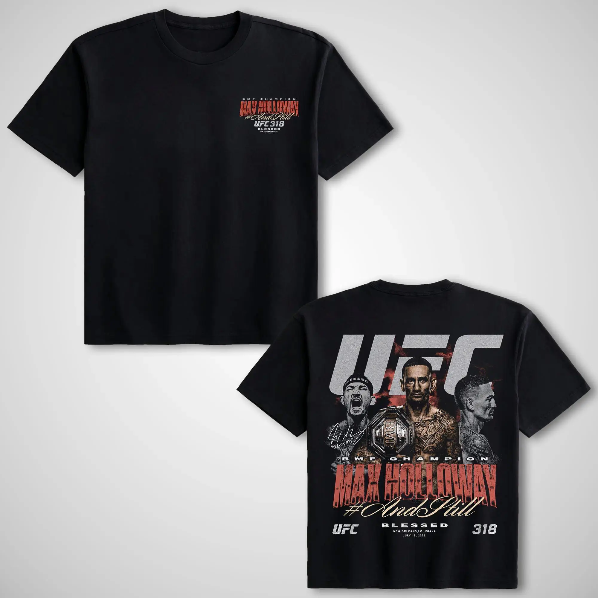 Max Holloway UFC 318 Champion Graphic Tee, Unisex Soft Cotton Round Neck Fitted Cut Vintage Short Sleeve Tops, Casual Streetwear & Athletic Gym Apparel For UFC Fans, Do Not Dry Clean | graphic tees | tiktok shop deals