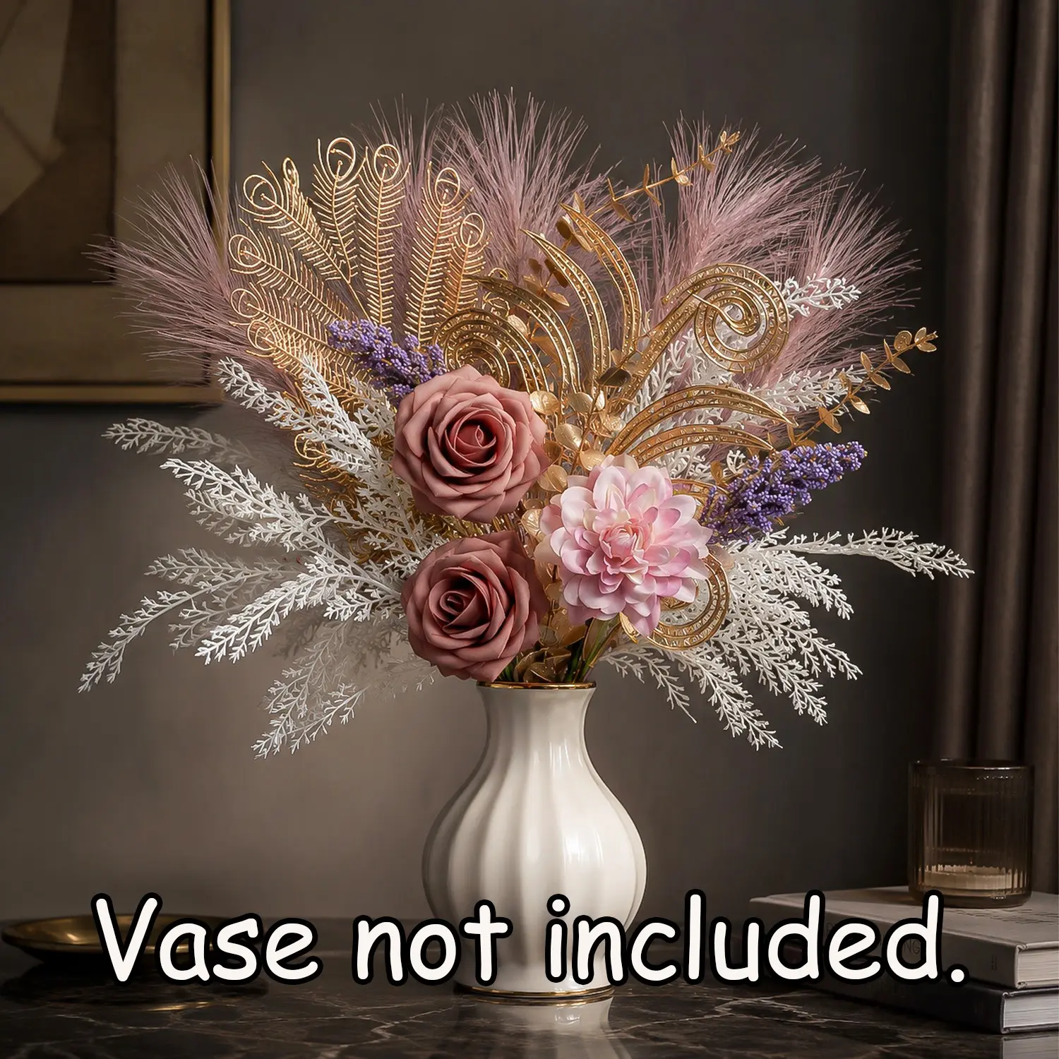 Romantic Flower Bouquet with Roses, Chrysanthemums, Accent Flowers, Leaves, Artificial Floral Arrangement