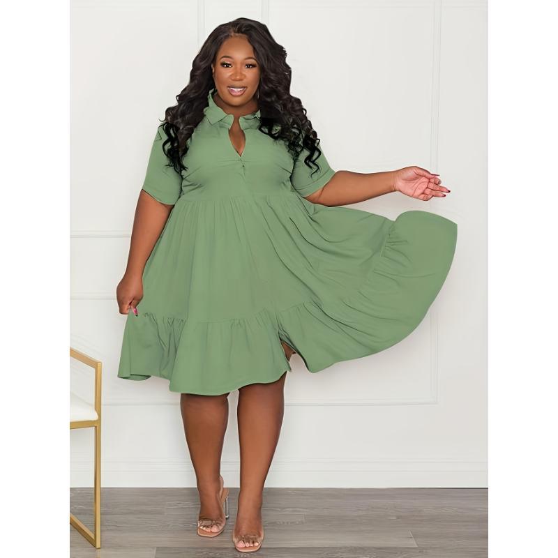 Casual Plus Size Solid Short Sleeve Dress - Ruffle Hem Dress For Spring & Summer Women's Clothing