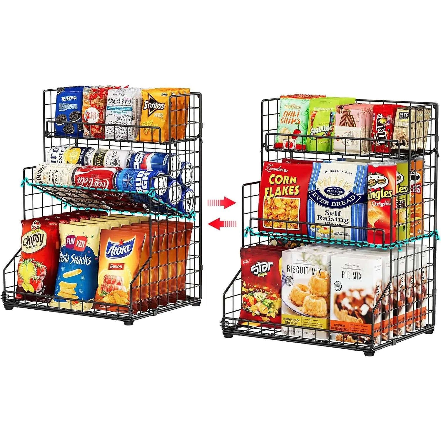 3-Tier Snack Organizer Rack Bins with Adjustable Tilting Design for Pantry Storage,Metal Wire Snack Holder for Kitchen Bathroom Cabinets Countertops
