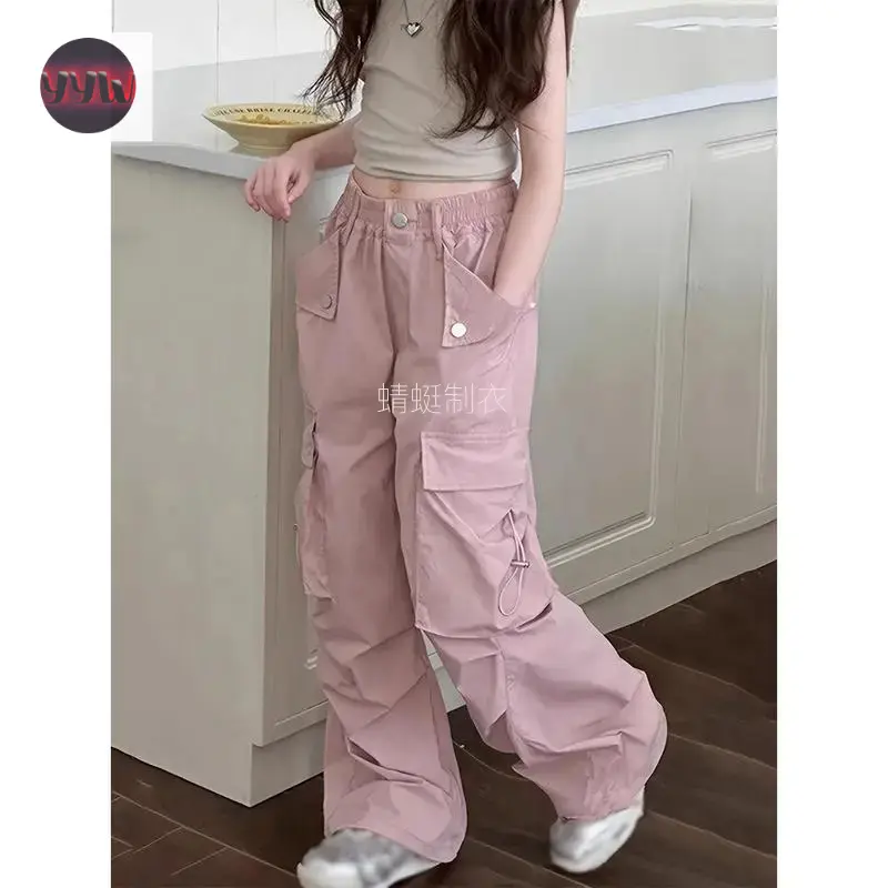 YYW1 NewGirls Y2K Streetwear Cargo Pants - Wide Leg Loose Fit Elastic Waist with Multiple Pockets, Durable Polyester Machine-Washable Casual Pants Kids 6-16 Years (/Fall), Pants Girls, Everyday Kids Clothing, Nonstretch, Fall Outfit, L