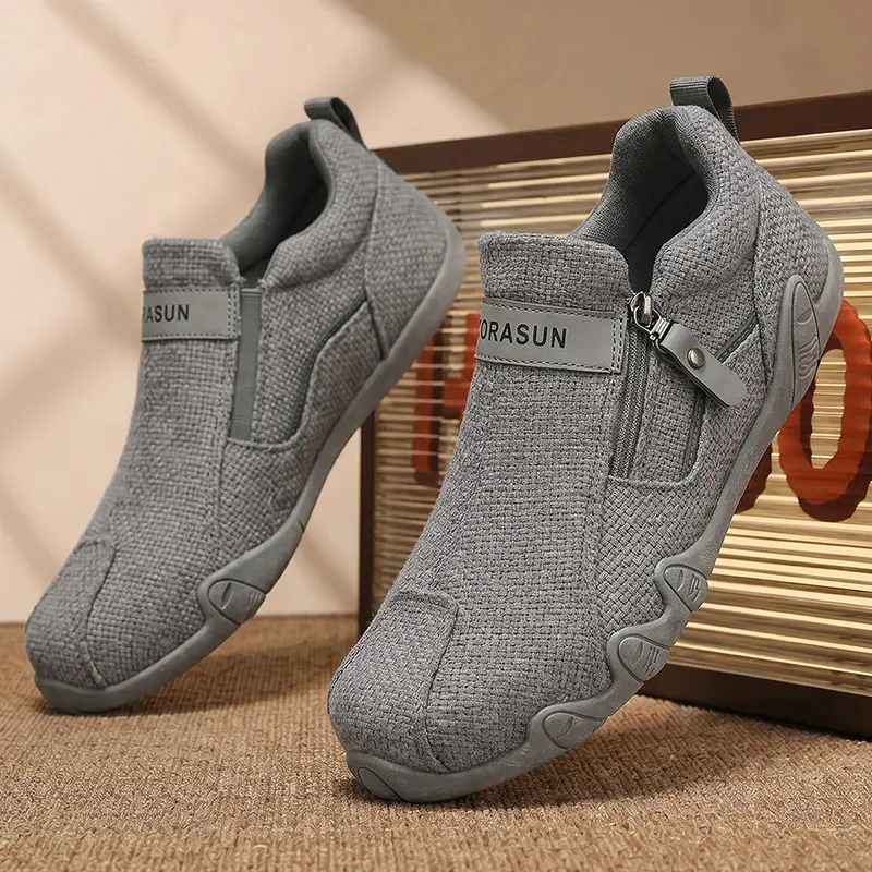 Men's Linen Textured Casual Slip-On Sneakers, Lightweight Side Zipper Comfort Walking Shoes with Soft Non-Slip Sole, Versatile Footwear for Daily Wear, Outdoor Walks and Casual Activities, Available in Beige and Gray