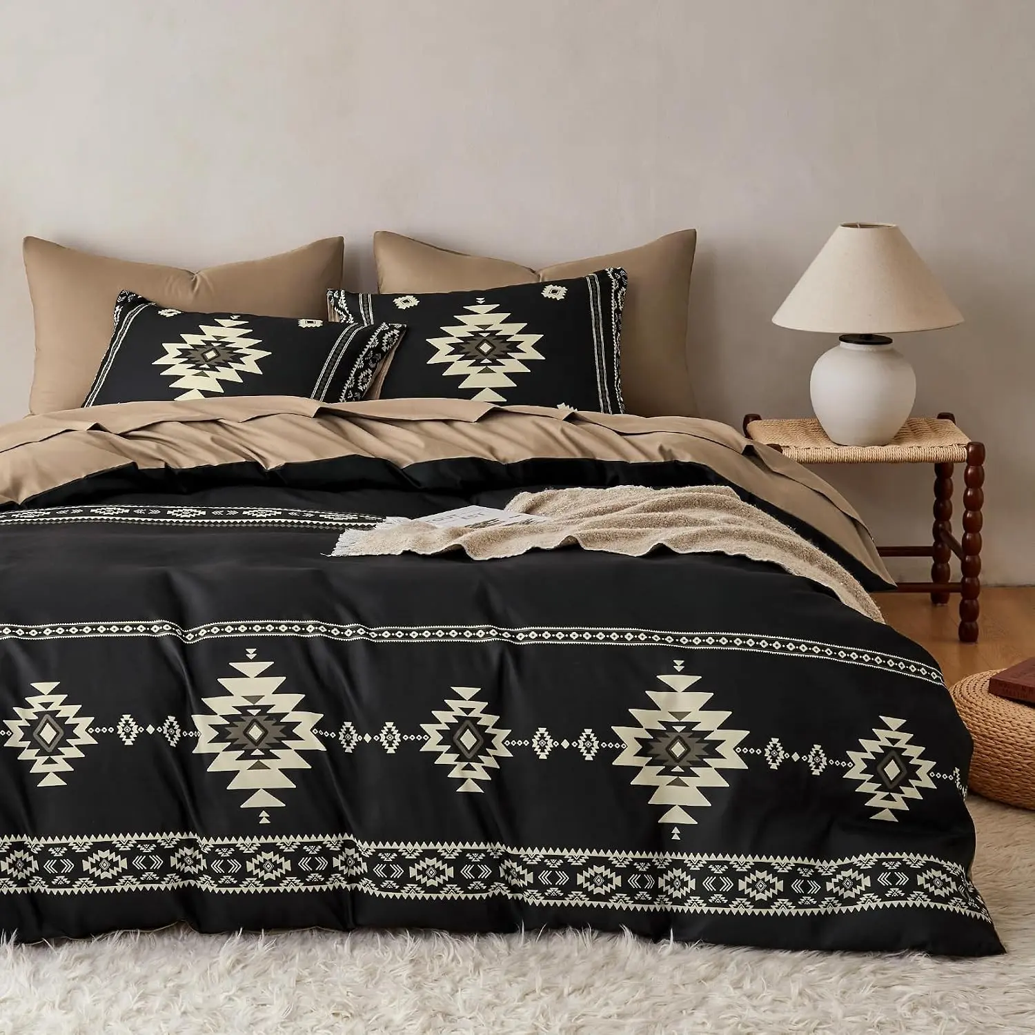 Western Comforter Set, Boho Southwestern Farmhouse Style with Aztec Diamond Geometric Pattern, Soft Lightweight Bedding, 3 Pieces, Black Brown, King Size