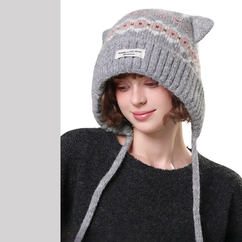 Women's Thick Warm Knit Beanie - 3D Cartoon Cat Ear Design, Extended Panels for Cheek Wind Block, Soft Breathable Stretch Synthetic Yarn, Solid Muted Tones, Outdoor Camping & Cold Weather Protective Headwear