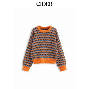 Cider Knit Geometric Contrasting Binding Oversized Top Dealsforyou