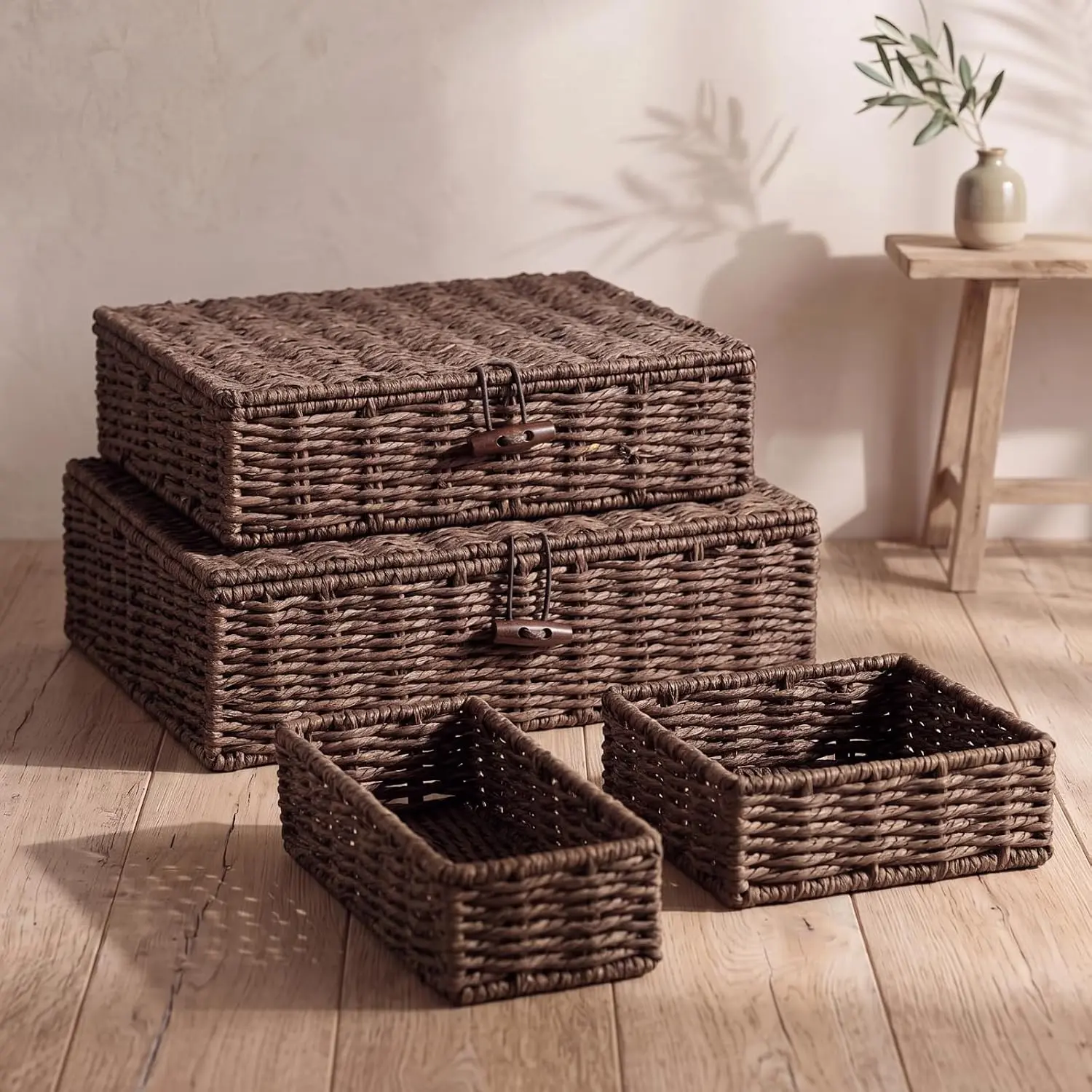4-Piece Multi-Size Lightweight Woven Wicker Storage Baskets with Secure Lids, Decorative Rattan Organizer Bins for Organizing Items, Home Decor Gift for Shelf, Closet