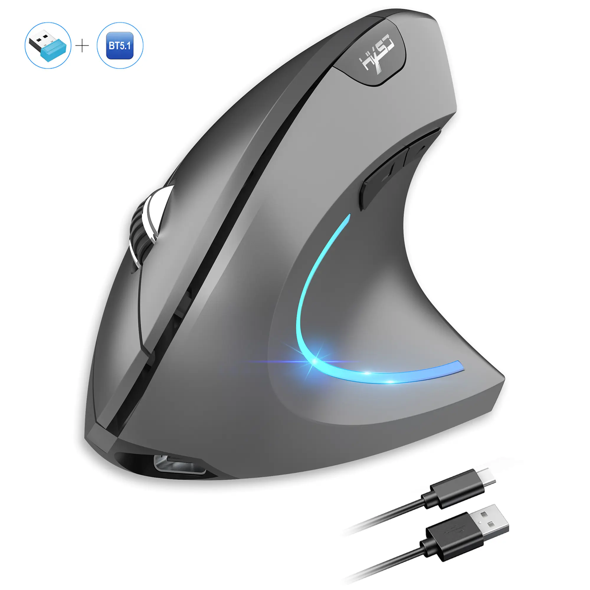 2025 New HXSJ T22 Ergonomic Dual-Mode Vertical Gaming Mouse - ABS Material, 600mAh Lithium Polymer Battery, 2400DPI, USB Type-C Interface, LED Lights, Rechargeable Wireless Mouse for PC Work & Enhanced Gaming