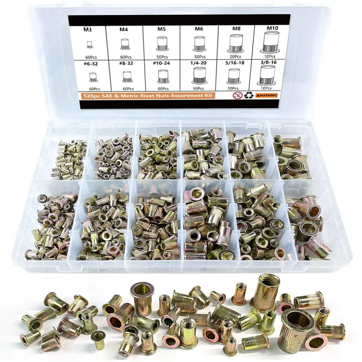 520 count SAE & Metric Rivet Nut Kit, 6-32 to 3/8-16, M3 to M10 | Galvanized Carbon Steel Flat  Rivet Nuts Tool, Threaded Rivnuts 6-32 8-32 10-24 1/4-20 5/16-18 3/8-16 M3 M4 M5 M6 M8 M10