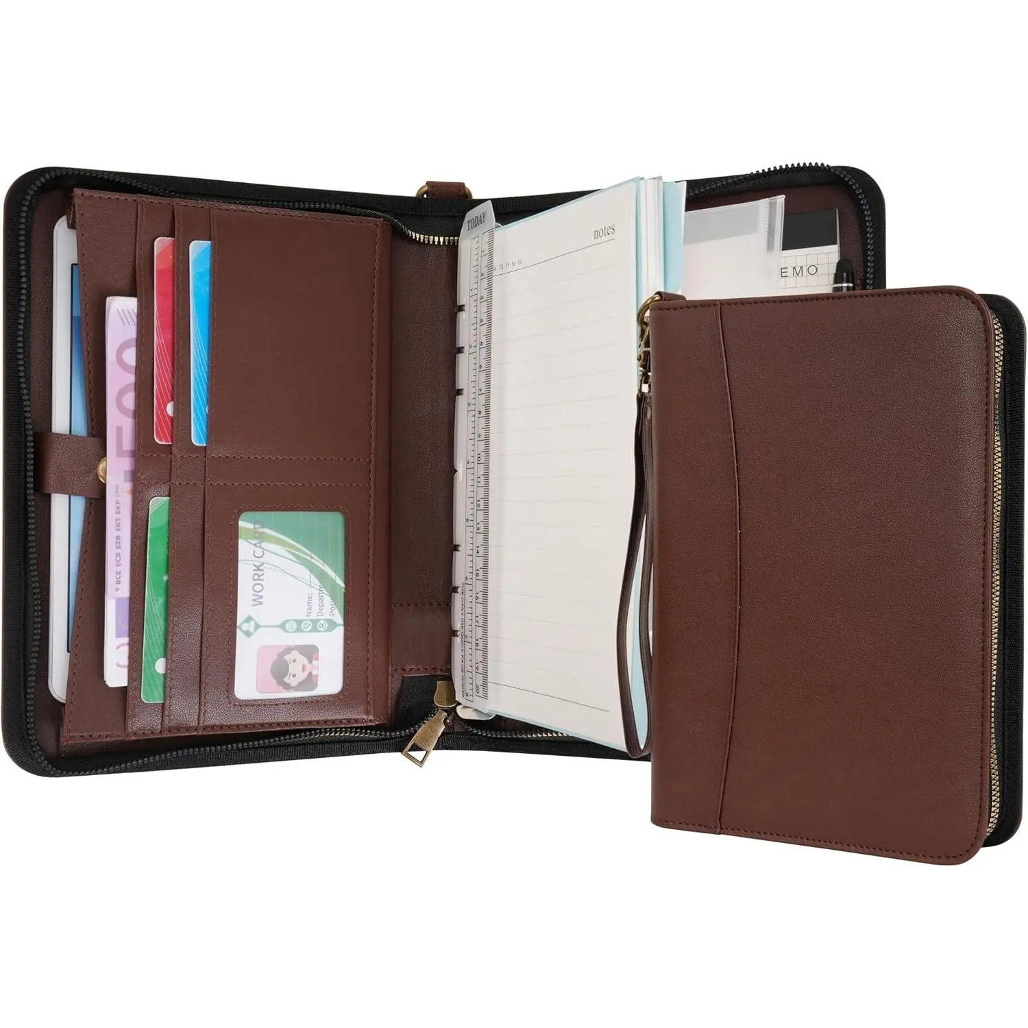 A5 Binder Journal Portfolio with Zipper - PU Leather Writing Notebook Padfolio with Detachable Refillable Notebook, Legal Pad Organizer for Business Study and Travel (Coffee)