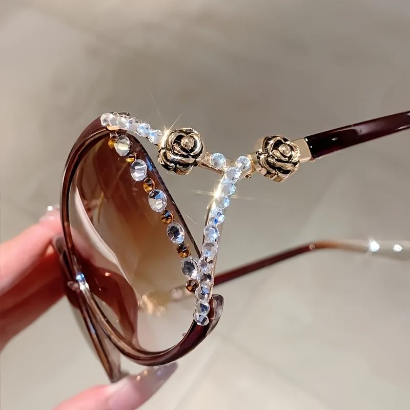 Women's Camellia Flower Rhinestone Glasses – Vintage Fashion Eyewear with Anti-Reflective Lenses, Metal Hinges, Elegant Accessories for Daily Wear