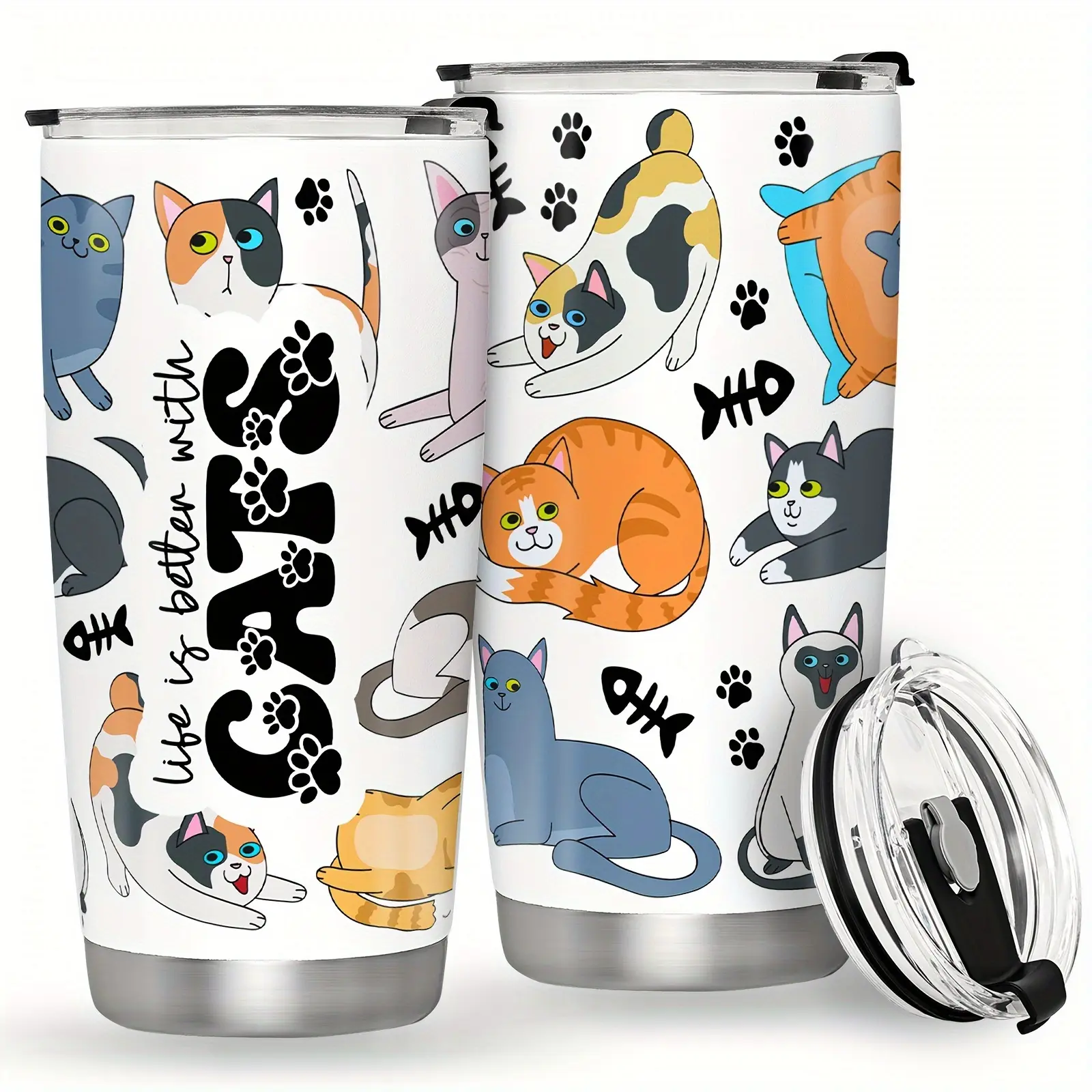Life Is Better With Cats" 20oz Stainless Steel Tumbler, Vacuum Insulated, Leak-Proof Travel Cup For Cat Lovers, Perfect Gift For Mother'S Day, Valentine'S, Halloween Gifts, Christmas Gifts