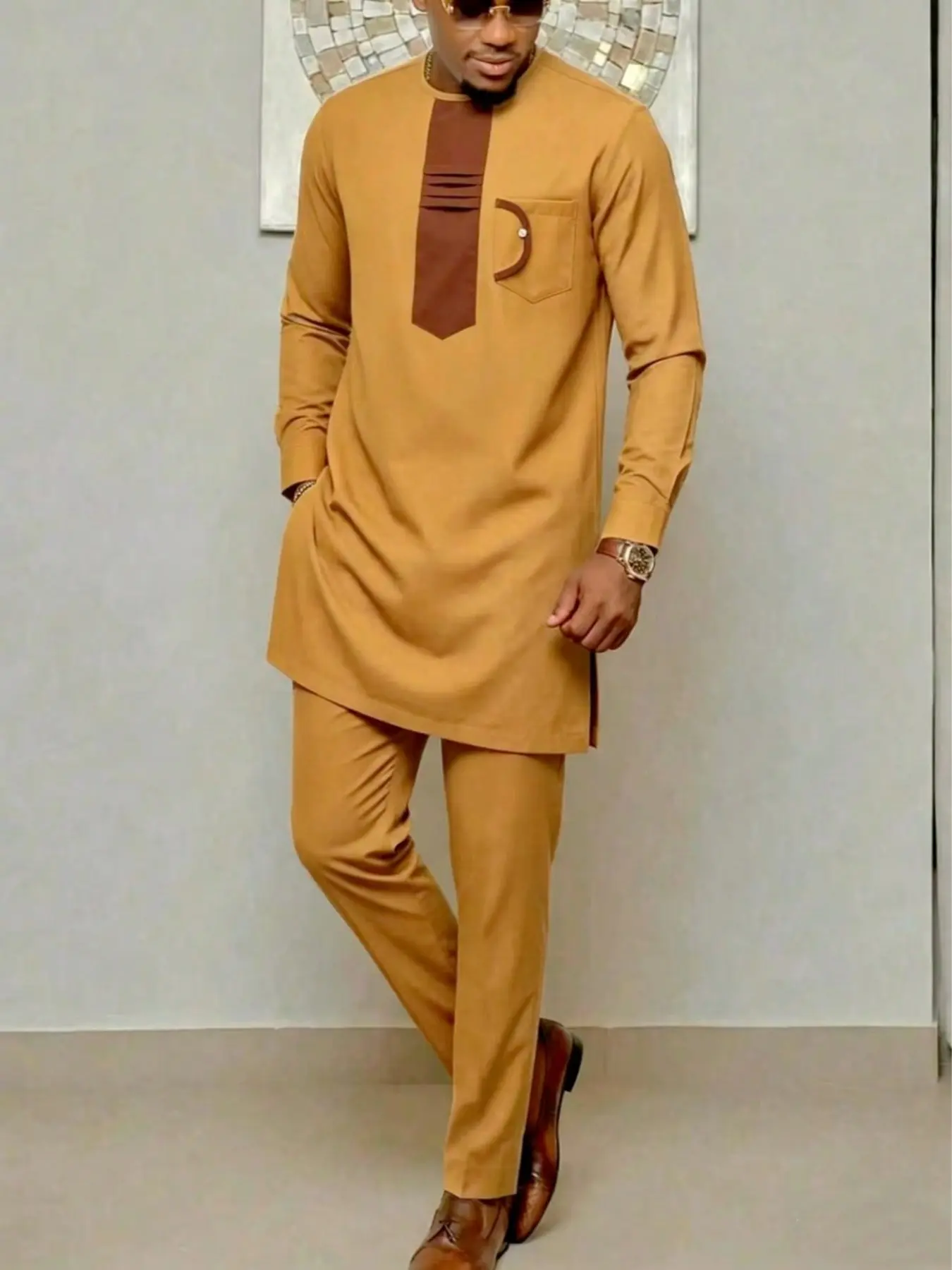 Kaftan Muslim 2 Piece Men's Suit African Men's Boubou Long Sleeve Embroidered Ethnic Suit Elegant Formal Event Wear Modest Outfits