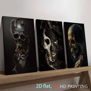 3 framed pieces - Gothic skull art triptych themed canvas wall art, suitable for Halloween, Christmas, winter and summer, luxurious interior decoration for him/her, bedroom, living room, bathroom, home office room aesthetic decoration poster