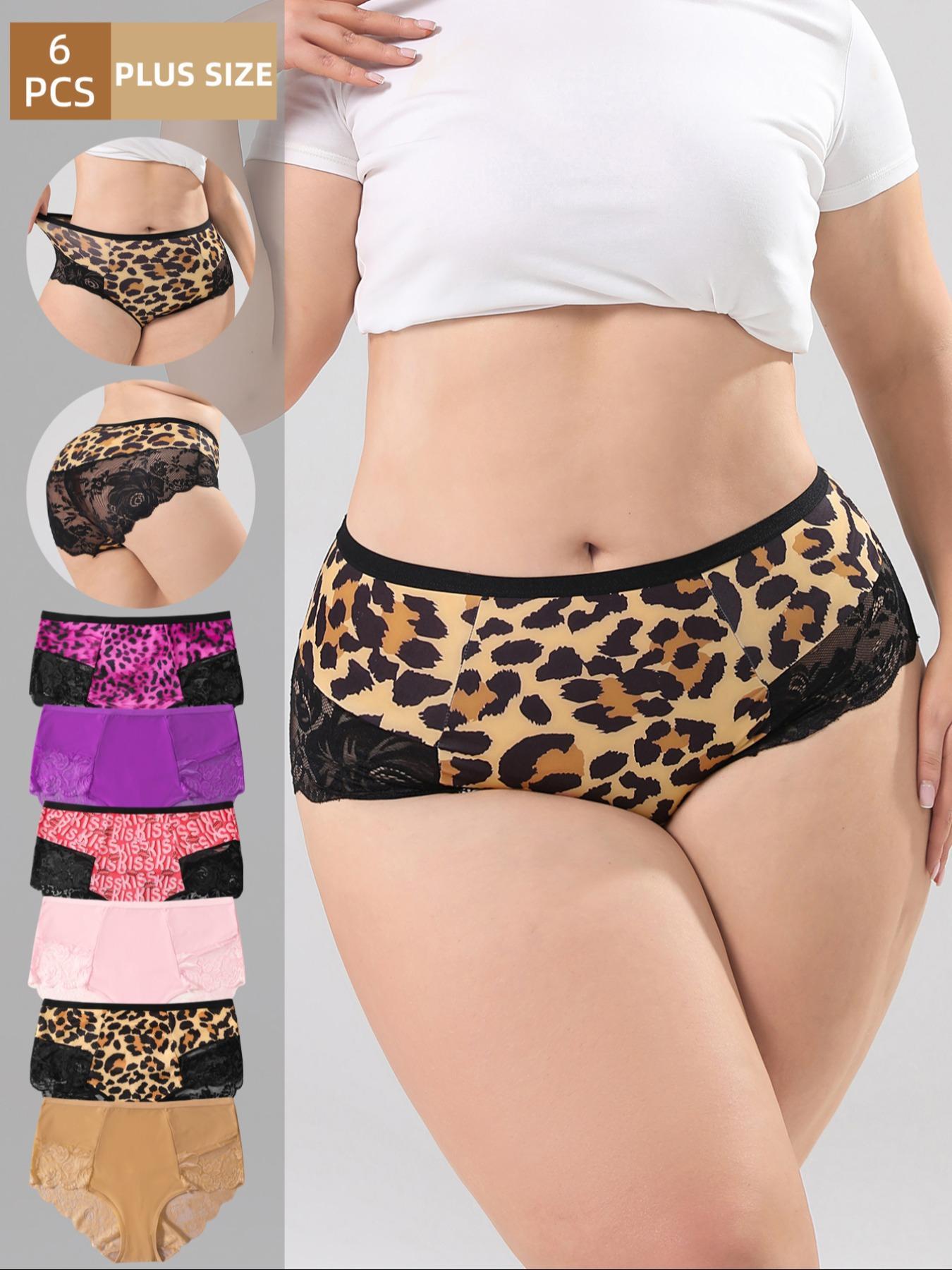 [Plus Size] Solid / All Over Print Leopard Contrast Lace Panty, Breathable Comfortable Panties for Daily Wear, Women's Underwear for All Seasons, Soft Stylish Brief