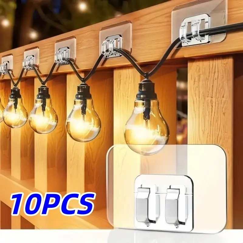 10-Pack Adhesive Outdoor String Light Hooks, No Damage, No Tools, Waterproof UV-Resistant, Ideal for Indoor & Patio Decor, Perfect for Holidays
