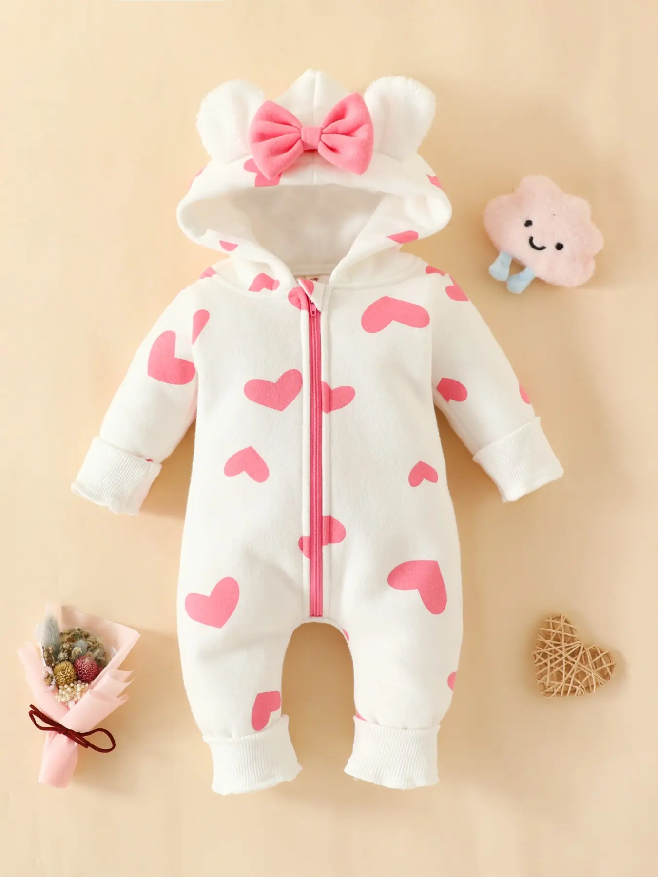 Baby Hooded Long Sleeve Onesie, Cute Slim-Fitting Plain Design, Suitable for Fall Winter, Daily Wear for 0-1 Year Olds