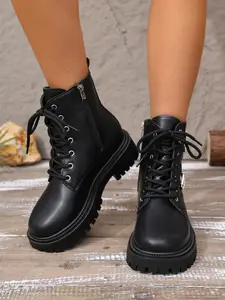 Boots for Fall Winter, Thick Sole Design, Lace-Up Details, Casual Style, Mid-Calf Height, Textile Upper, Rubber Sole