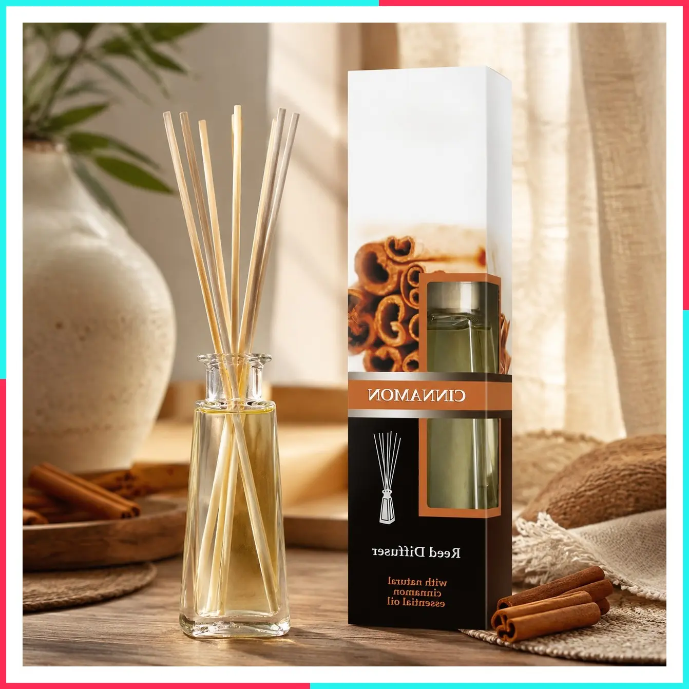 Reed Diffuser Cinnamon 3.4 Fl Oz (100ml) - Room Diffuser with Cinnamon Essential Oil - Home Fragrance - Aromatherapy Air Freshener - Oil Diffuser - Scented - Cinnamon Aroma