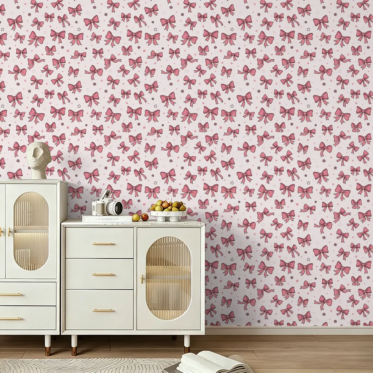 1 Roll Peel & Stick PVC Wallpaper,Girl style pink bow pattern,Instant peel wall sticker with stable pure color, covers wall dirt, renovation film for apartment, internet cafe, dining room & old furniture