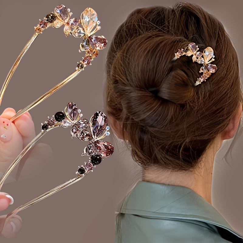 2pcs Set of Colorful Rhinestone Butterfly Flower Metal Hair Styling Artifact Women'S Hairpin Comb