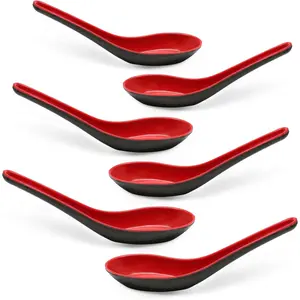 8PCS Asian Soup Spoons, Chinese Japanese Miso Ramen Wonton Dumpling Pho Rice Noodle Soba Soup Spoons, Red and Black Melamine Spoons