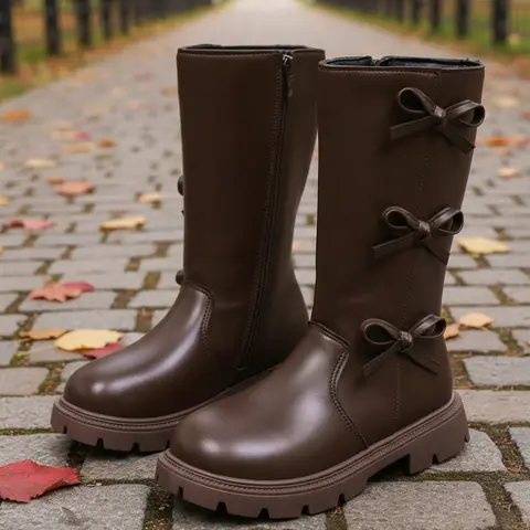 Autumn Winter New Sweet Three Bow Girl High Top Leather Boots, Side Zip Thick Sole Anti-Slip Two Colors, Elegant Knight Long Boots